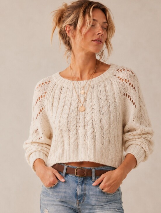 Altar'd State Sweaters - Altar'd State Ivory Cable Knit Cropped Sweater Large Boho Open Knit NWOT